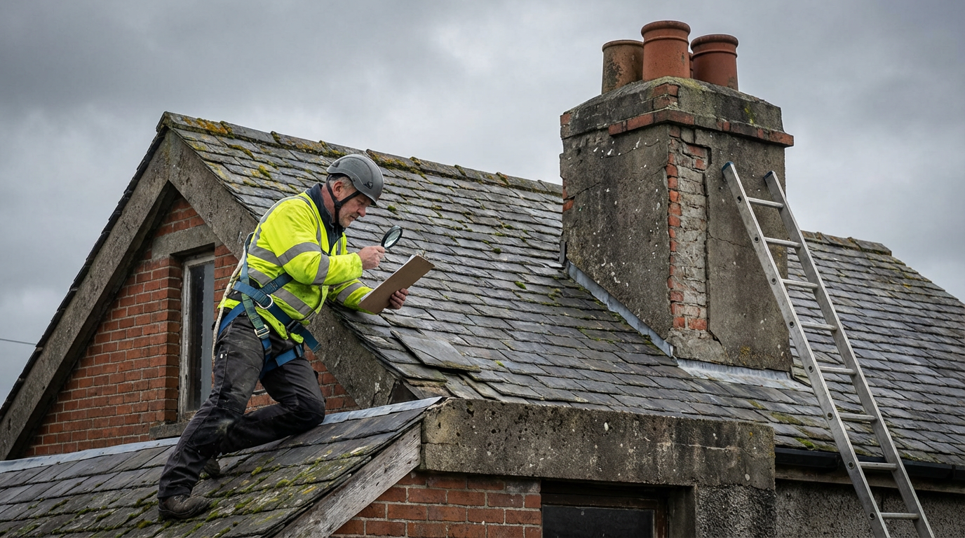 Professional roofer inspecting slate roof in Teesside